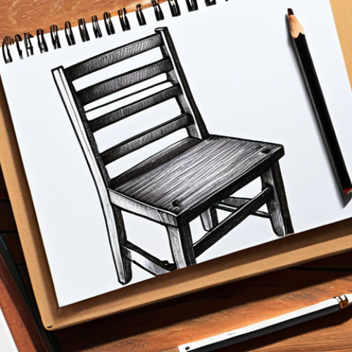 **Image:** A detailed hand-drawn sketch of a modern wooden chair, showcasing perspective and shading techniques to emphasize depth and texture. The background should be a cluttered but inspiring design studio with pencils, notebooks, and material samples scattered around.