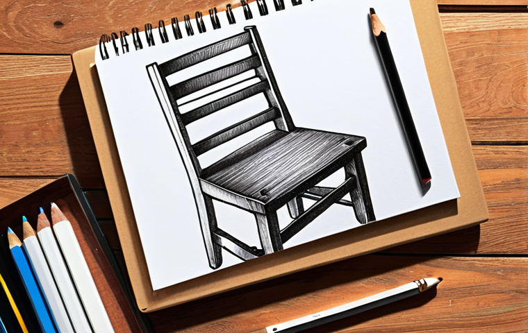 **Image:** A detailed hand-drawn sketch of a modern wooden chair, showcasing perspective and shading techniques to emphasize depth and texture. The background should be a cluttered but inspiring design studio with pencils, notebooks, and material samples scattered around.