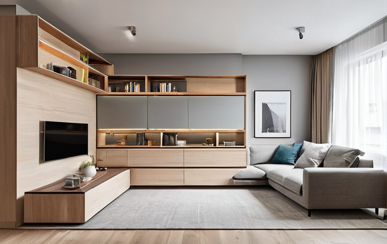 가구디자인 고객 맞춤 설계 - **Prompt:** "A beautifully organized, compact living area in a modern apartment, showcasing custom-d...