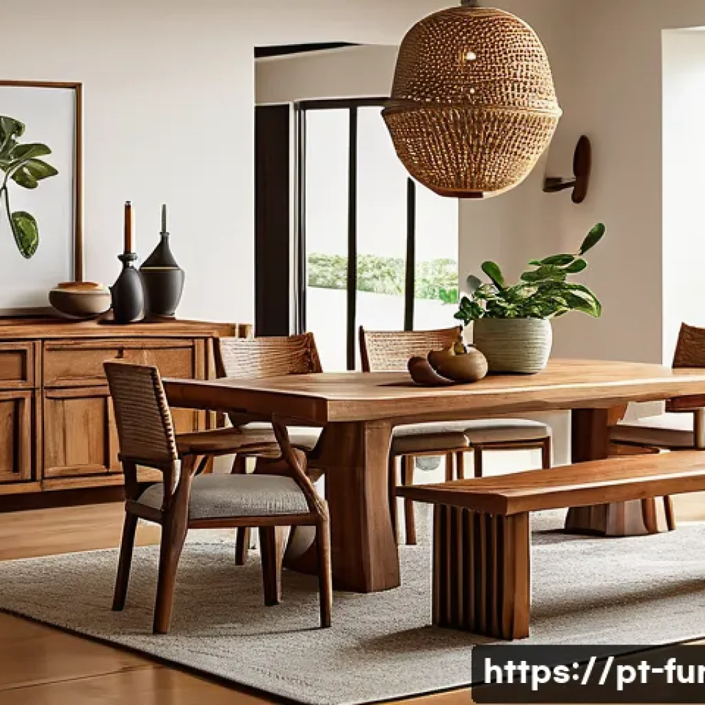 가구디자인의 경제성 분석 - A high-end solid wood rustic dining table set in a warmly lit Brazilian home interior, showcasing ri...