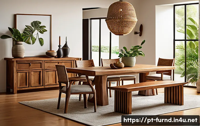 가구디자인의 경제성 분석 - A high-end solid wood rustic dining table set in a warmly lit Brazilian home interior, showcasing ri...