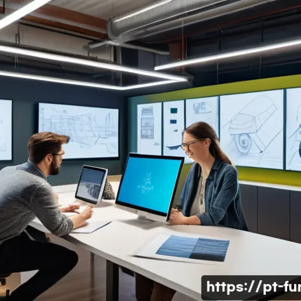 가구디자인에서 협업 플랫폼 활용 - A modern collaborative workspace showing a designer and a skilled artisan communicating in real-time...