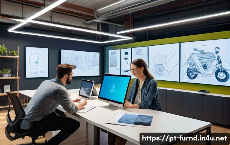 가구디자인에서 협업 플랫폼 활용 - A modern collaborative workspace showing a designer and a skilled artisan communicating in real-time...