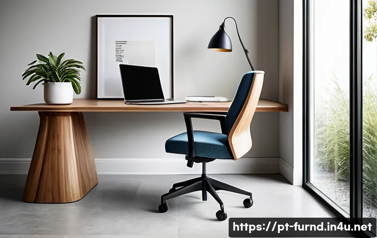 가구디자인 및 실내건축 차이점 - A modern ergonomic office chair designed with sleek wooden and metal materials, featuring adjustable...