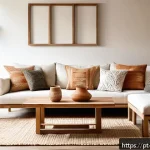 Home 21 가구디자인과 홈 스타일링 팁 - A cozy living room interior featuring sustainable rustic wooden furniture with visible natural wood ...