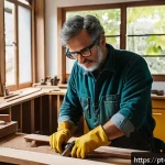 Home 19 가구디자인 도제식 학습 사례 - A skilled furniture designer in a bright, organized workshop in São Paulo, Brazil, wearing casual bu...