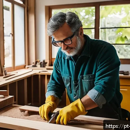 Home 31 가구디자인 도제식 학습 사례 - A skilled furniture designer in a bright, organized workshop in São Paulo, Brazil, wearing casual bu...