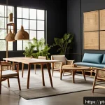 Home 23 가구디자인 세미나 및 전시회 정보 - A modern sustainable furniture showroom featuring chairs and tables made from certified reclaimed wo...