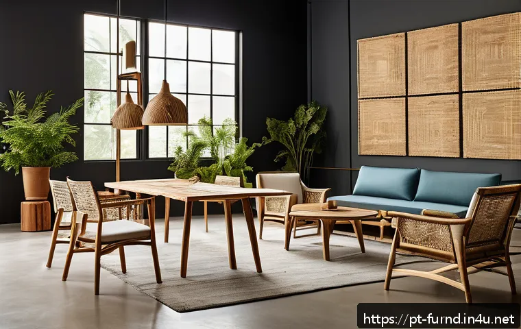 가구디자인 세미나 및 전시회 정보 - A modern sustainable furniture showroom featuring chairs and tables made from certified reclaimed wo...