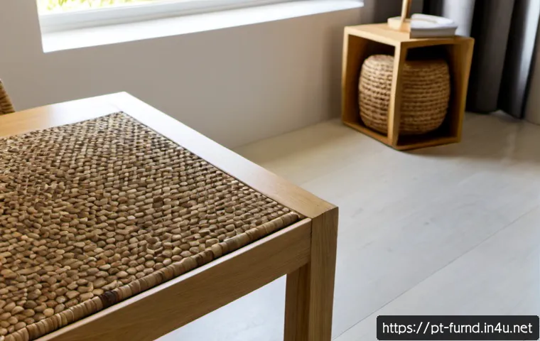 Home 17 가구디자인 소재 선택 가이드 - Photorealistic furniture material selection workspace in a bright Portuguese coastal home, a clean w...